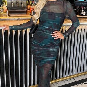 Teal and black smudge mesh overlay sheer dress